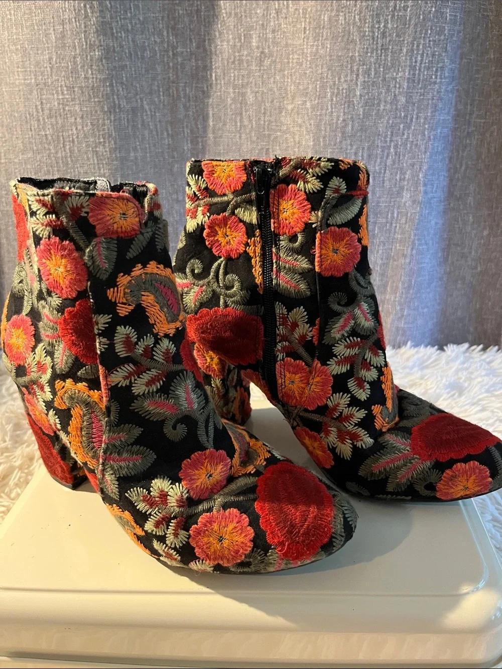 MIA Floral Embroidered Black Ankle Boots - Red & Orange Flower Accent